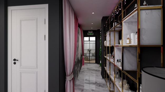 Een gang met een zwarte en roze muur en een witte deur met de tekst "spa".