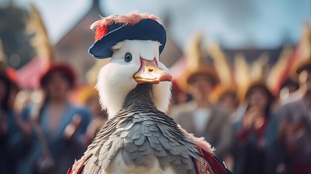 Een gans die deelneemt aan een cultureel festival onder de gevederde bewoners Hyper Real HD 4k