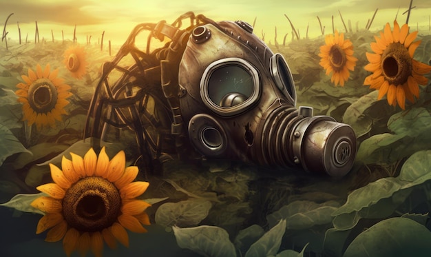 Een gasmasker in een veld met zonnebloemen