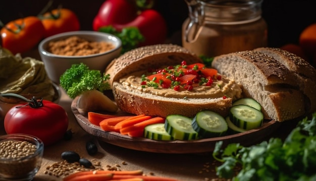 Een gastronomisch broodje met verse groenten en plakjes gegrild rundvlees gegenereerd door AI