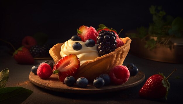 Een gastronomisch dessertbord met verse bessen en chocolade gegenereerd door AI