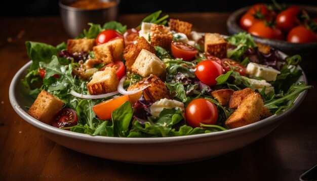 Een gastronomische Caesarsalade met gegrilde filet en verse groenten gegenereerd door AI