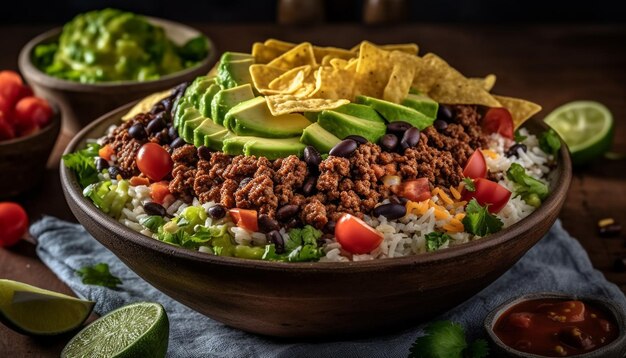 Een gastronomische tacokom met verse avocadotomaat en koriander gegenereerd door AI