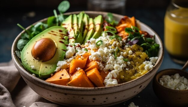 Een gastronomische vegetarische maaltijd quinoasalade met avocado en tomaat gegenereerd door AI