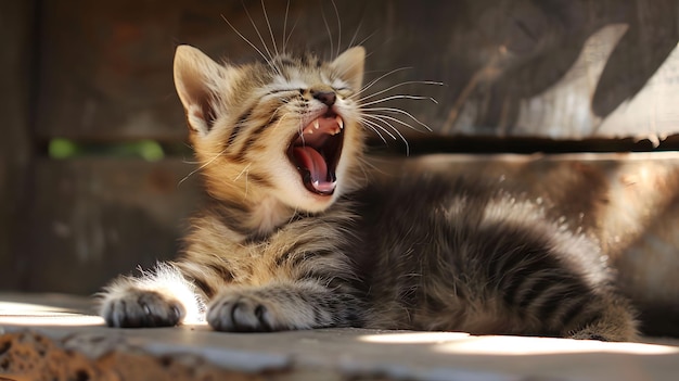 Een gauwend kitten krullerend in een zonnestral