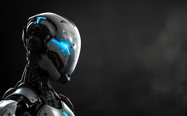 Een geavanceerde humanoïde robot met een slank metalen ontwerp en gloeiende blauwe lichten die geavanceerde kunstmatige intelligentie en robotica belichaamt