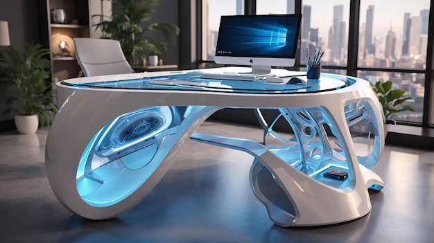 Een geavanceerde pc-tafel voor een futuristische werkruimte met geïntegreerde technologie en ergonomische briljantheid