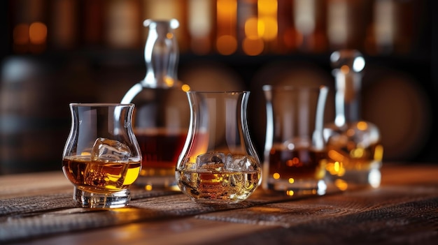 Een geavanceerde whiskey tasting setup met een verscheidenheid aan oude spirits en kristallen glazen