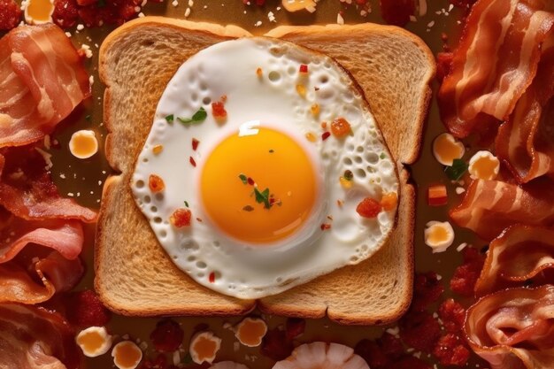 Een gebakken ei op een stuk brood omgeven door spek Generatief AI-beeld