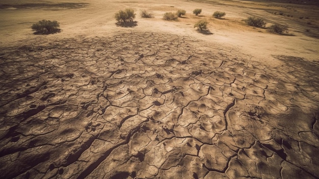 Een gebarsten woestijnlandschap met de ondergaande zon op de achtergrond