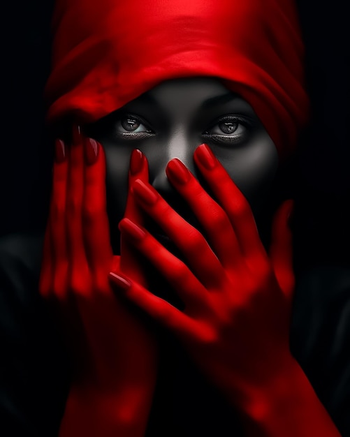 Een geblinddoekte gemaskerde enge vrouw met rode nagels bedekt haar gezicht met haar handen