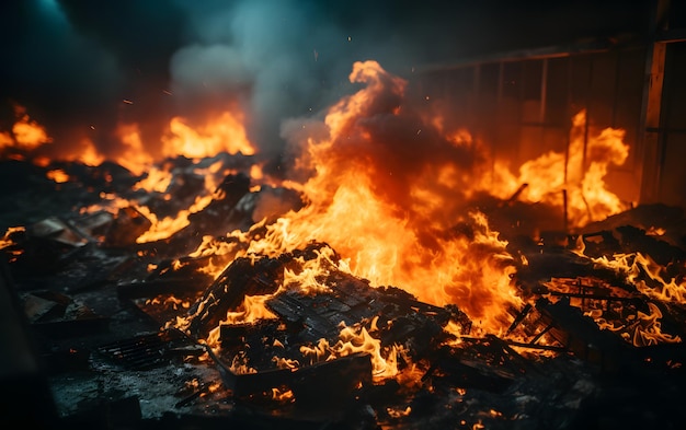 Een gebombardeerde graansilo met daarin nog brandend graan