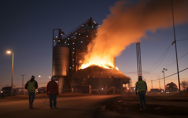 Een gebombardeerde graansilo met daarin nog brandend graan