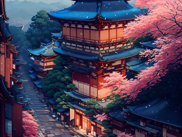 Een gebouw in Chinese stijl met een blauw dak en roze bloemen.