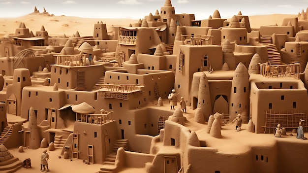 Een gebouw in een woestijn in de stijl van dorpsgeneratieve ai
