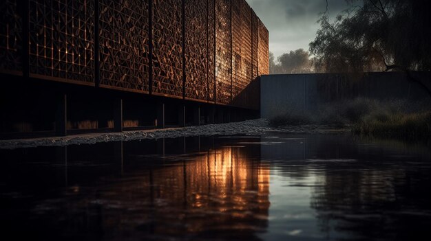 Een gebouw met een donkere achtergrond en het woord 'fire' op de bodem