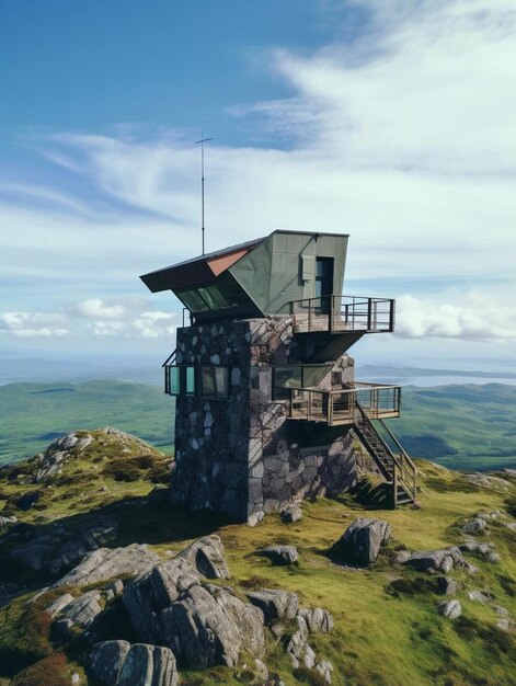 een gebouw met een groen dak zit op een berg