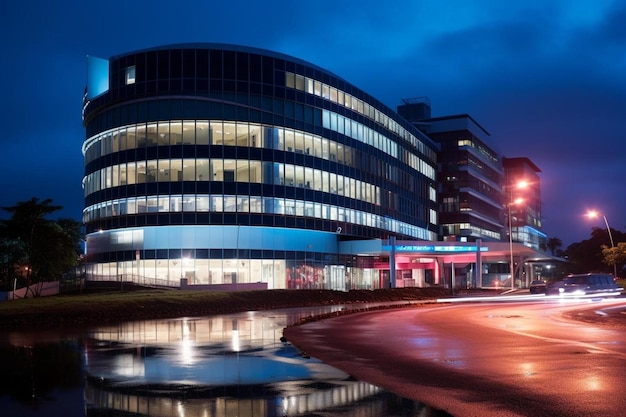 Foto een gebouw met een groot glazen gebouw op de achtergrond