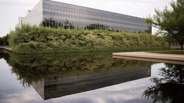 Een gebouw met een meer ervoor en aan de zijkant het woord kantoor.