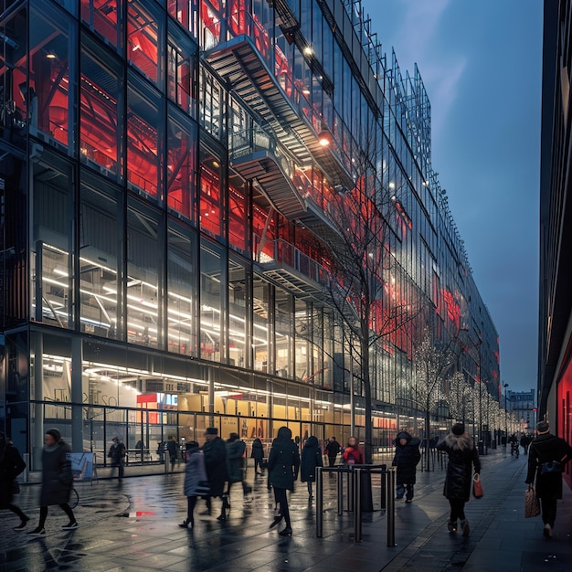 een gebouw met een rood licht erop en mensen die er voor lopen