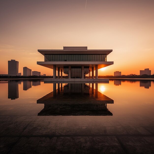 Een gebouw met een weerspiegeling van de zonsondergang in het water.