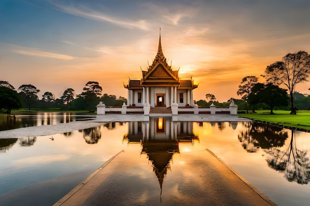 een gebouw met een weerspiegeling van een pagode in het water.