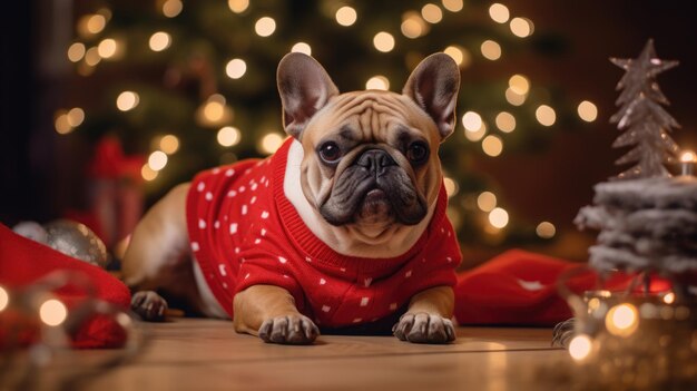 Foto een gebrandschilderde franse bulldog zit tussen rood gewikkelde kerstcadeaus onder een versierde kerstboom met lichten en ornamenten