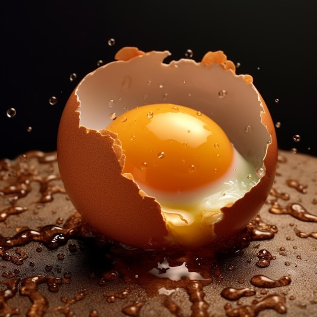 Een gebroken ei ligt op een bruin oppervlak met waterdruppels.