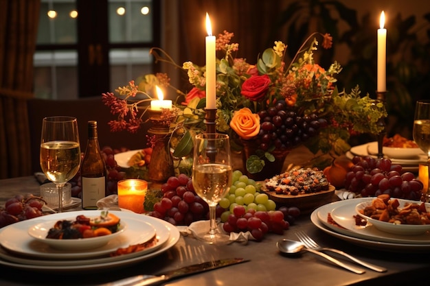 Een gedekte tafel met een kaars en fruit erop