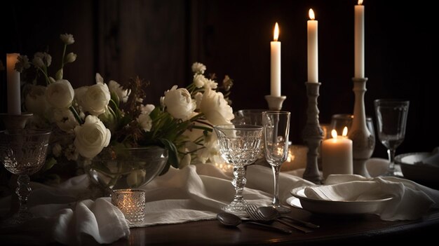 Een gedekte tafel voor een diner met witte bloemen en kaarsen.