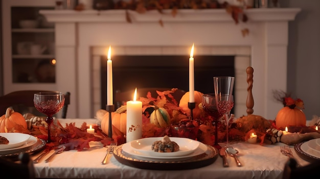 Een gedekte tafel voor een Thanksgiving-diner met een kaars en een pompoen op tafel.