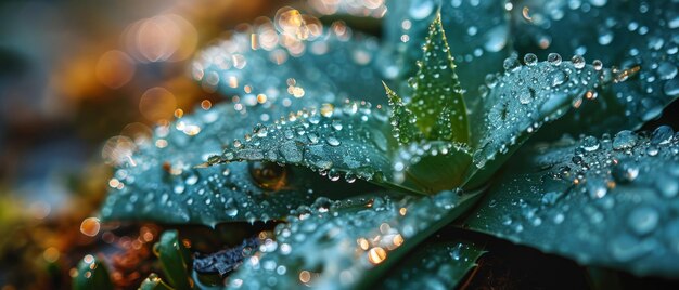 Een gedetailleerd beeld van een aloëplant met glinsterende waterdruppels op het oppervlak