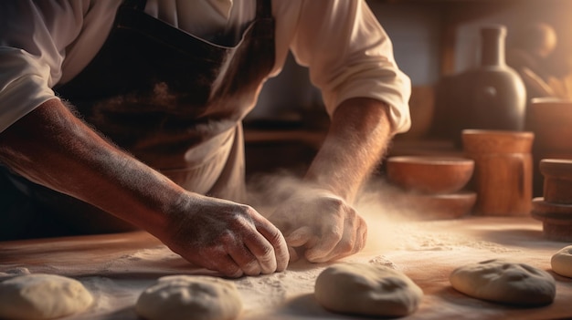 Een gedetailleerd beeld van een bakker die in de vroege ochtend deeg kneedt