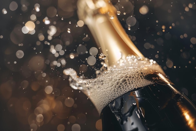 Een gedetailleerd beeld van een champagne fles met bubbels die naar buiten vallen als het opengaat Een champagne fles die opengaat met bubbletjes die naar beneden vallen