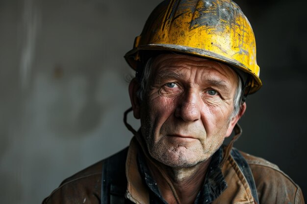 Een gedetailleerd beeld van een man in werkkleding en een gele helm