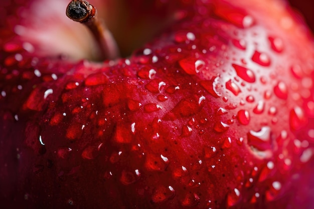 Foto een gedetailleerd beeld van een rode appel bedekt met waterdruppels close-up beeld van de textuur van de huid van rode appels ai gegenereerd