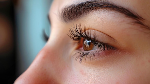 Een gedetailleerd beeld van het oog van een vrouw met lange wimpers gemaakt met wimperextensies en make-up in een schoonheidssalon