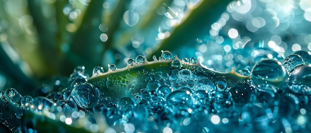 Een gedetailleerd beeld van waterdruppels die aan de stengel van een aloë vera vastklampen