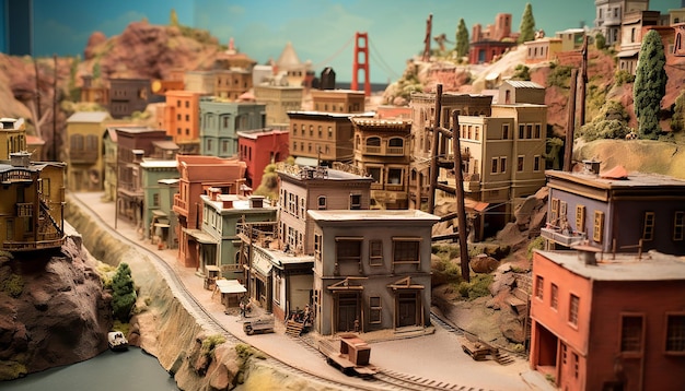 Een gedetailleerd miniatuurmodel van San Francisco met behulp van meerdere materialen, inclusief de heuvelachtige gebieden van de stad.