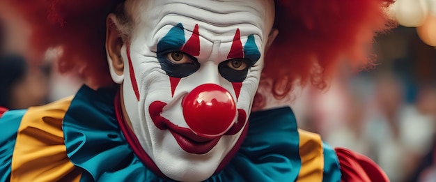 Foto een gedetailleerd portret van een carnavalskloon met overdreven make-up en een rode rubberen neus