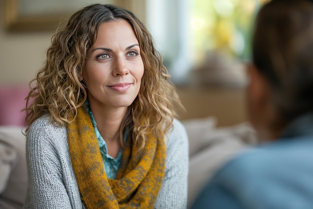 Een gedetailleerd portret van een jonge stijlvolle vrouw die een warme gebreide sjaal draagt met een zachte achtergrond