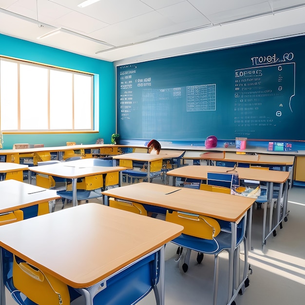 Een gedetailleerde 3D-weergave van een studentenbureau met een stapel schoolboeken en een potloodhouder