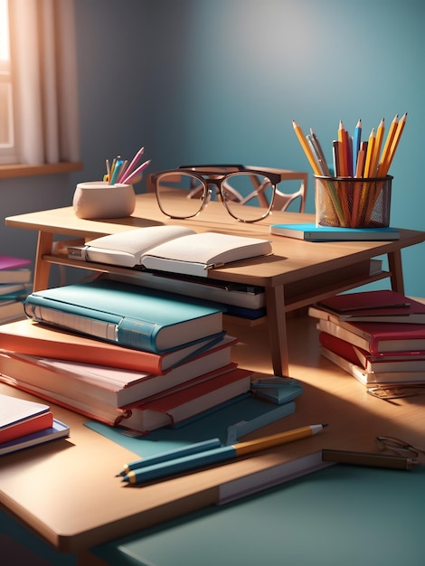Een gedetailleerde 3D-weergave van een studentenbureau met een stapel schoolboeken en een potloodhouder