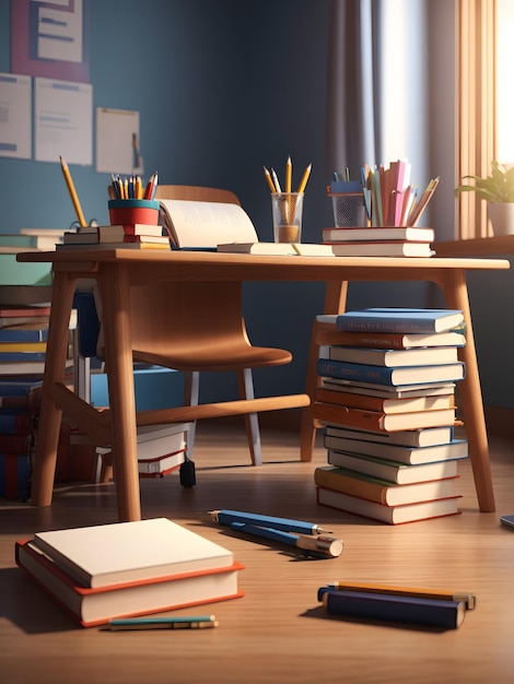 Een gedetailleerde 3D-weergave van een studentenbureau met een stapel schoolboeken en een potloodhouder