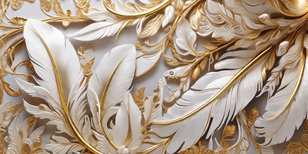 Een gedetailleerde afbeelding van een wanddecoratie met gouden en witte veren