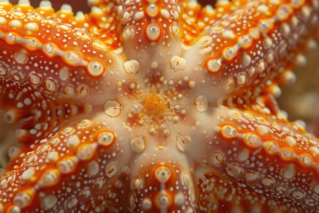 Een gedetailleerde close-up foto van een oranje en witte zeester die vreedzaam rust op de levendige oceaanbodem Extreme close-up van een zeester oppervlak AI gegenereerd