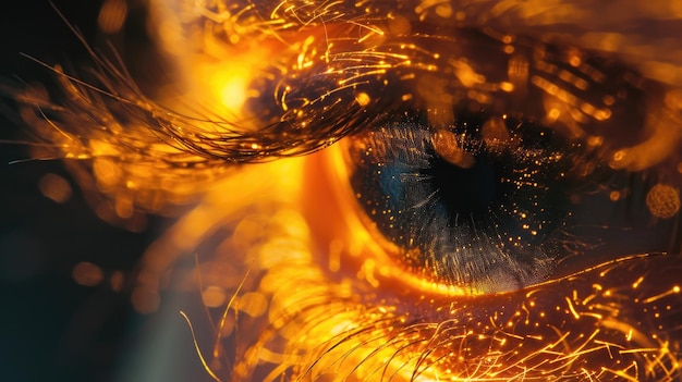 Foto een gedetailleerde close-up van het oog van een persoon met glinsterende effecten perfect voor het toevoegen van een vleugje magie en glamour aan elk project