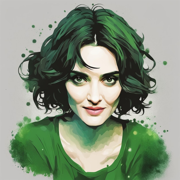 Een gedetailleerde illustratie Face Evil Winona Ryder Magic T-shirt Design Groene kleur Donkere splash