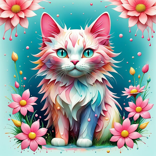 Een gedetailleerde illustratie van een afdruk van een kleurrijke kat een kat standbeeld met bloemen gegenereerd Ai