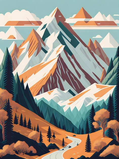 een gedetailleerde illustratie van een berglandschap met een plat ontwerp